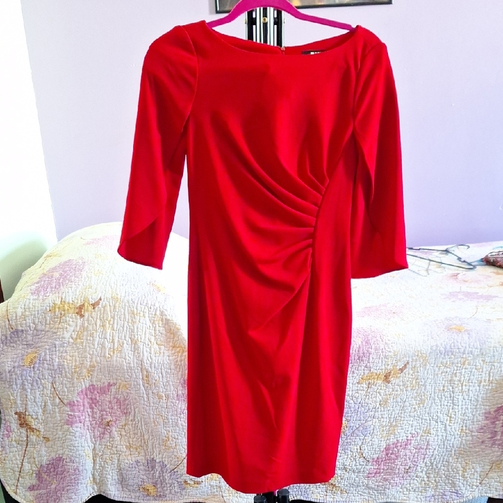 Dkny Red Ruched Sheath Dress 3/4 Sleeve Bateau Neckline